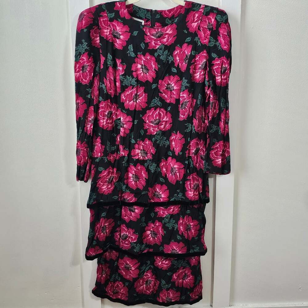 Vintage JT Dress Womens L Black Pink Floral Tiered Midi Dress 80s Cottagecore